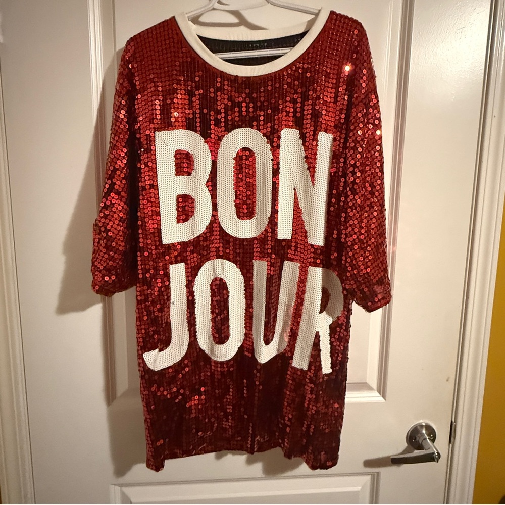 Red Sequin Bonjour T-Shirt dress